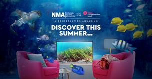 Promotional image for the National Marine Aquarium, featuring an imaginative underwater living room scene. Two bright pink armchairs and a coffee tabl