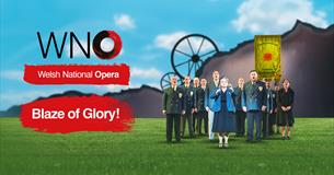 Opera group dressed smartly. The backdrop is green grass and mining country.