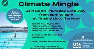 Climate Mingle event poster with a turquoise background and abstract blue shapes. Large text invites people to join a Climate Mingle on Thursday 23 Ju