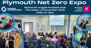 Banner promoting the Plymouth Net Zero Expo at Plymouth Argyle Football Club on 12 November 2026. Photos show conference presentations, exhibitors and