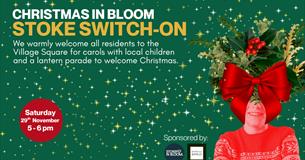 A dark green background with Stoke in Bloom's classic design of adding floral images over a person. This time a child in a red christmas jumper with s