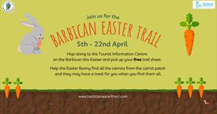 EGGStraordinary Barbican Easter Trail on the barbican. A cartoon chick in the grass with a bee floating above it.