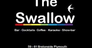 The Swallow logo in white writingwith a white swallow bird set against a black background.