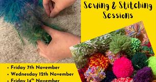 hands sewing pompoms on to a wool fleece backing and colourful woolly pompoms