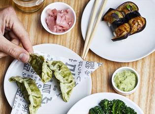 Small white plates of different foods displayed on a table with chopsticks and a hand holding a green gyoza.