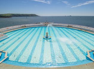 Tinside Lido on Plymouth Hoe, looking out to Plymouth Sound National Marine Park