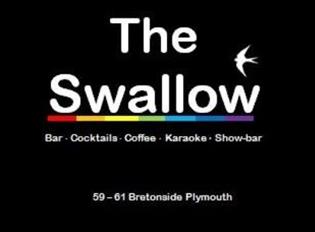 The Swallow logo in white writingwith a white swallow bird set against a black background.