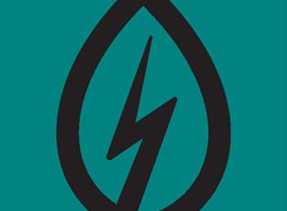 A picture of the Power Plant Café logo which is a black symbol featuring a streak of lightning against a teal background.
