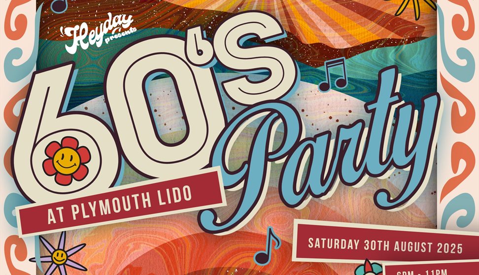 Funky artwork of a 60's event at plymouth lido. The how in the background and pool at the bottom.