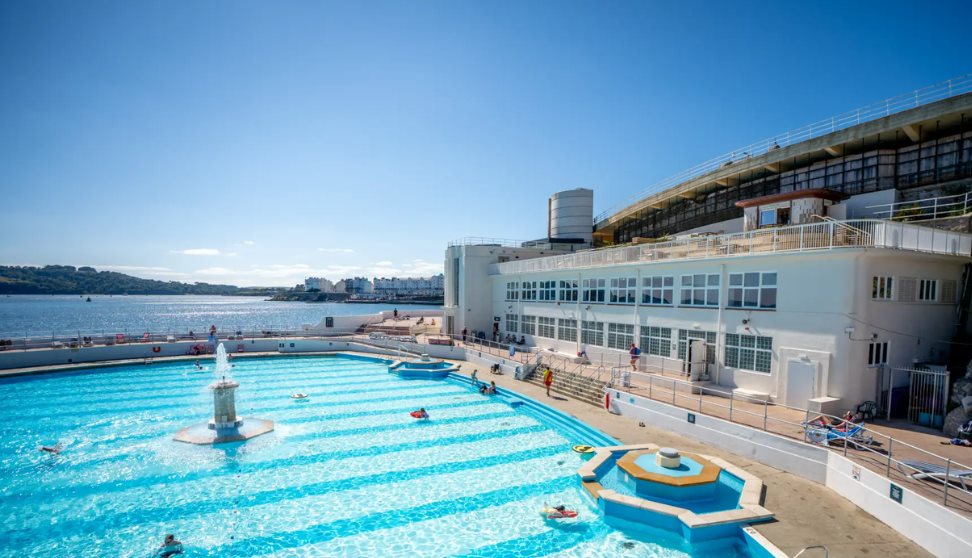 Tinside Lido on Plymouth Hoe, looking out to Plymouth Sound National Marine Park