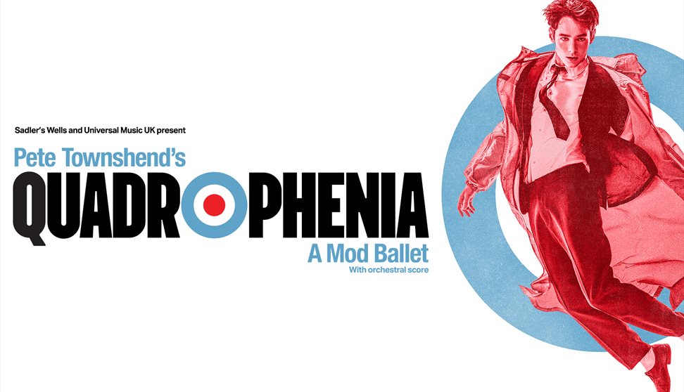 Red white and blue bullseye with image of man jumping in air in red.