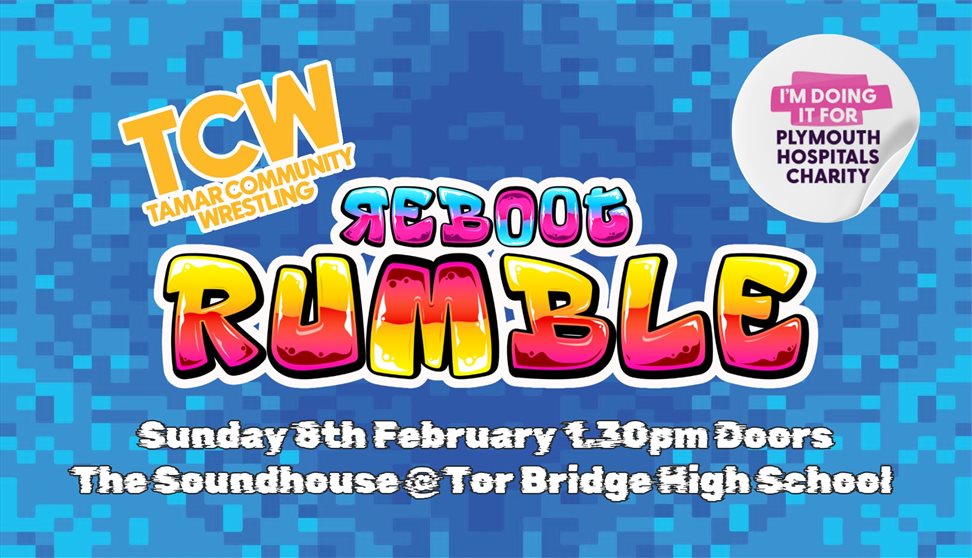 Promotional poster for "Reboot Rumble," a professional wrestling event by Tamar Community Wrestling (TCW). The graphic features a blue pixelated backg