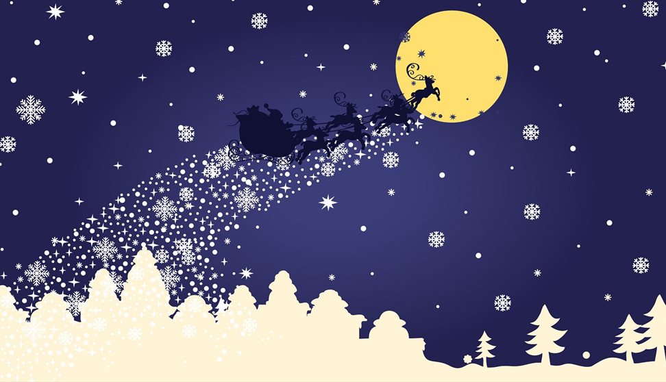 Graphic showing Father Christmas on a sleigh against the night sky
