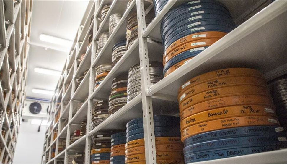 A photograph showing film reels in storage
