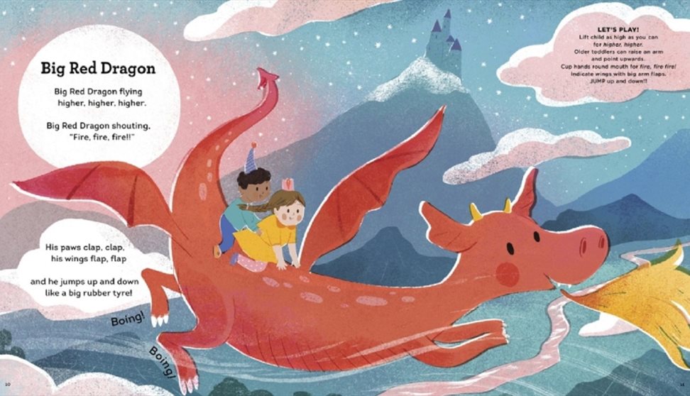 Illustration of children on the back of a big red dragon