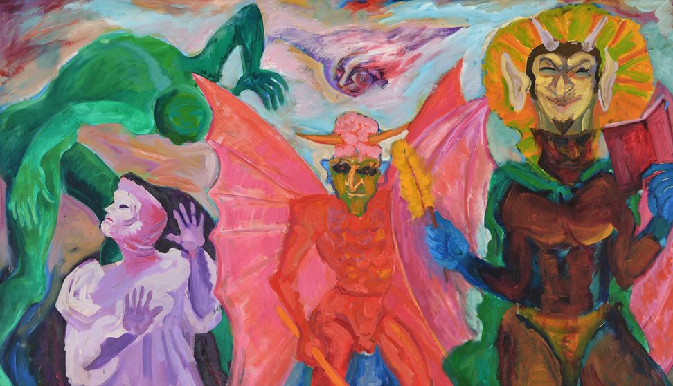 Detail of a brightly coloured painting showing figures dressed in carnival outfits, with other spirit-like figures surrounding them.