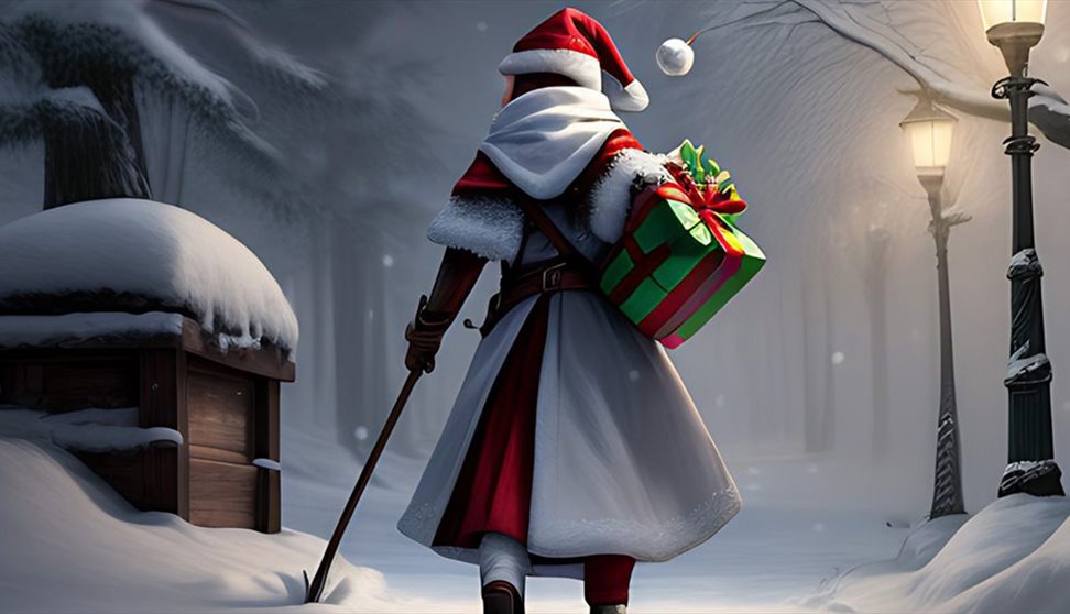 mother christmas walking in the snow with a stick and a present
