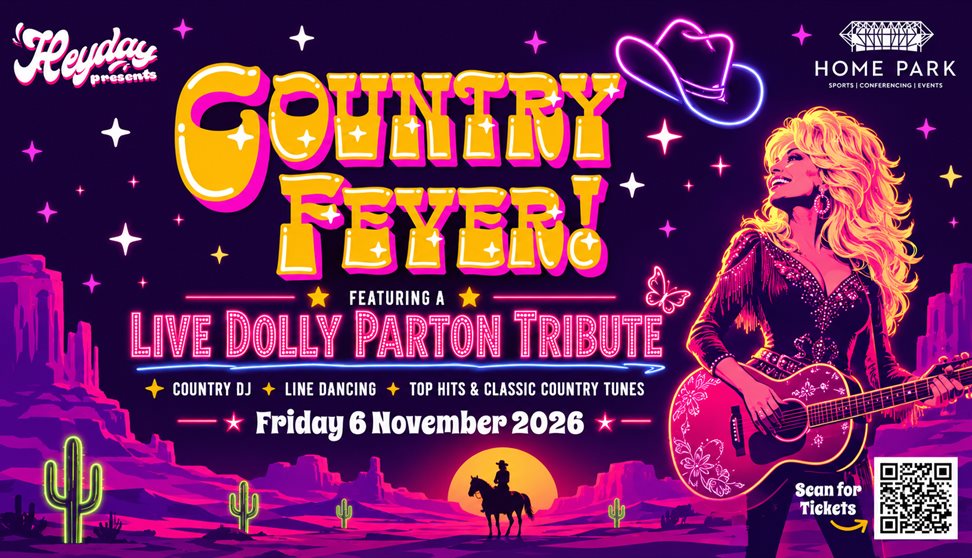 Artworks of country fever with a dolly parton on. purple and yellow