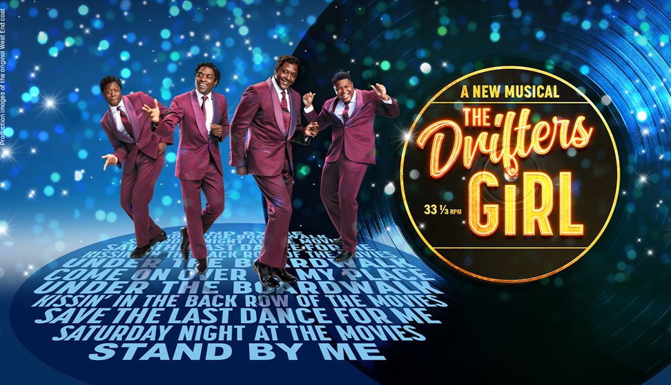 The Drifters are shown in deep pink matching suits mid dance, they smile hapily. The background is blue and The Drifters Girl is lit up in yellow on a