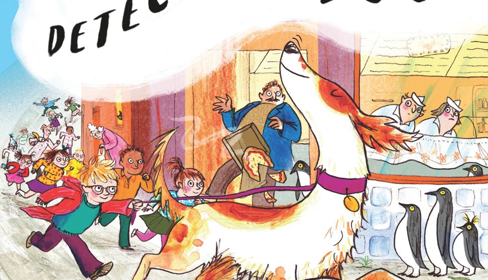 'The Detective Dog' A hand-drawn illustration of a white dog with warm brown patches following a scent tail with a crown of people following behind.