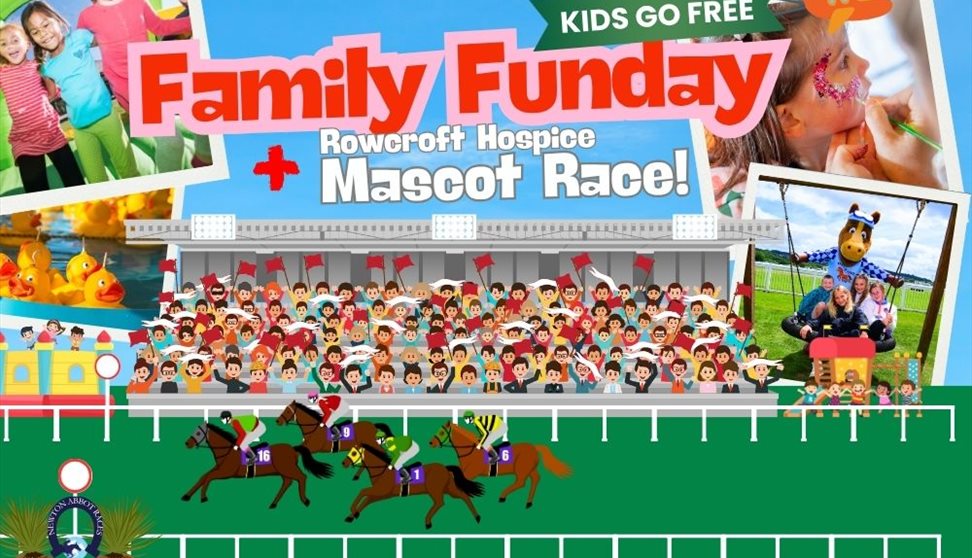 Image showing the family funday logo plus the Rowcroft Hospice mascot race, children go free.