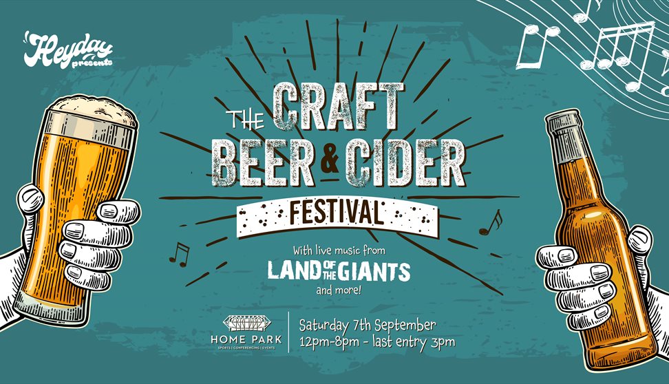 Green background with two hands either side holder a beer and cider. The texts reads the Craft beer and cider festival.