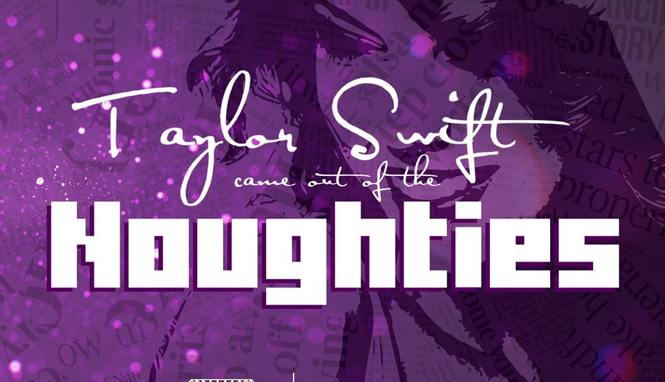 Piurple background with a white outline of Taylor swift. With text over the top that reads, Taylor Swift cam from the Noughties party.
