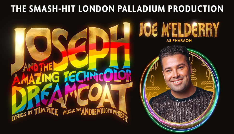 Joe McElderry as Pharaoh. Black backdrop with gold and rainbow 'Joseph and the Amazing Technicolor Dreamcoat.