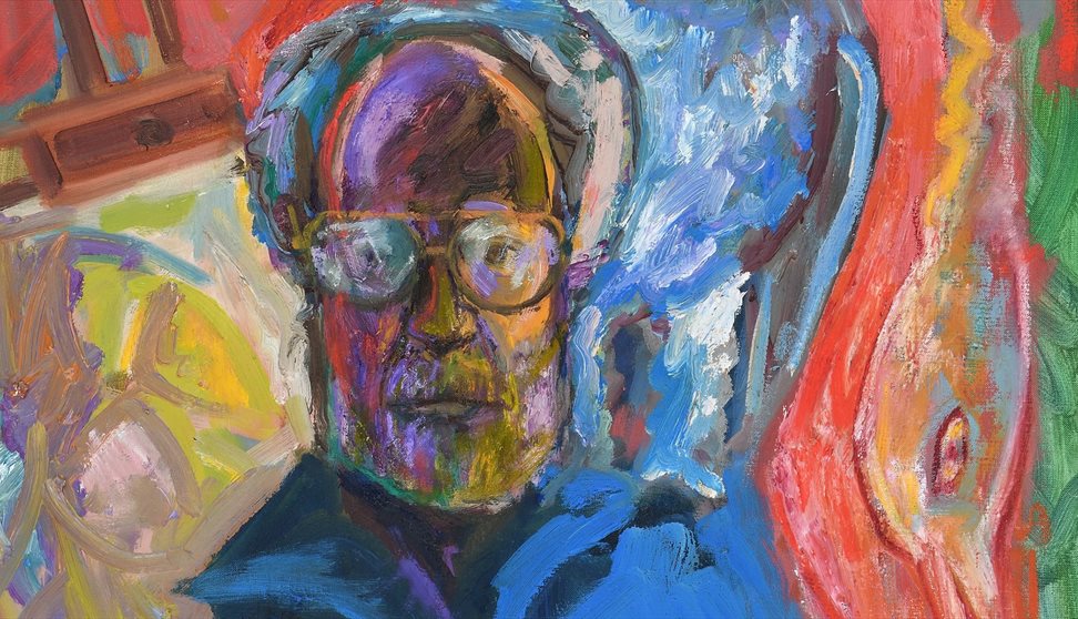 Detail of a self-portrait painting showing a man wearing glasses painted surrounded by bright colours.