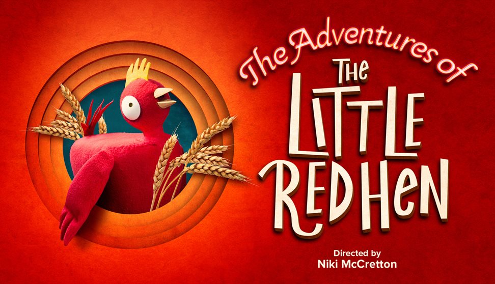 Little Red Hen Puppet with red background: 'The Little Red Hen.'