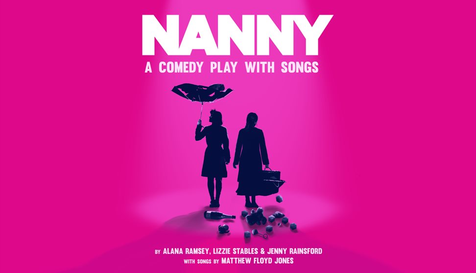 Silhouetted against a pink backdrop are two women. One holds a broken umbrella above her and the other holds an open bag down by her side. In front th