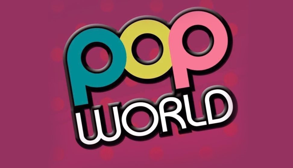 The logo of popworld displayed in bright colours against a bright pink background