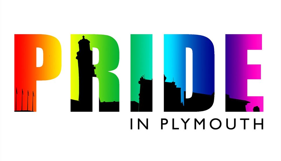 Rainbow text with silhouettes of Plymouth architecture.