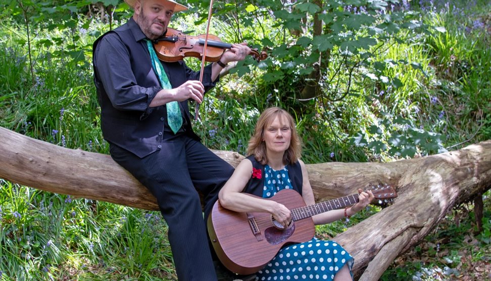 Two musicians sat on a fallen tree in the woods
