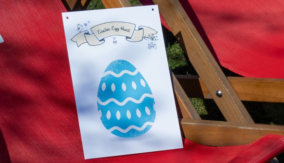 Royal William Yard Lawn with Easter bunnies and a sign saying Easter Egg hunt
