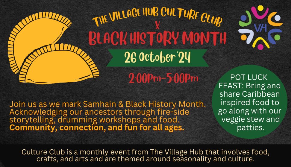 An illustrated picture of a Caribbean pattie, alongside red, gold and green text with details for a black history month event.