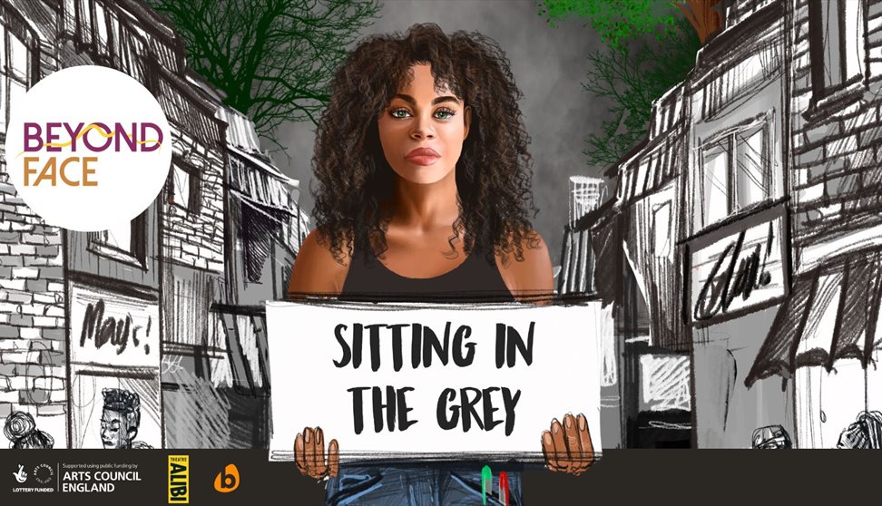 The image is a illustration of a mixed-race black and white teenager with curly hair. She is holding a sign that says Sitting in the Grey. She has a b