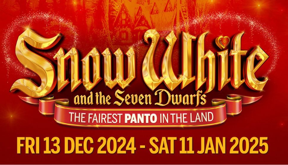 The words Snow White and The Seven Dwarfs with a red background