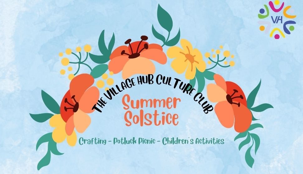 An illustration of a flower crown in yellows and oranges, with the event title summer solstice.