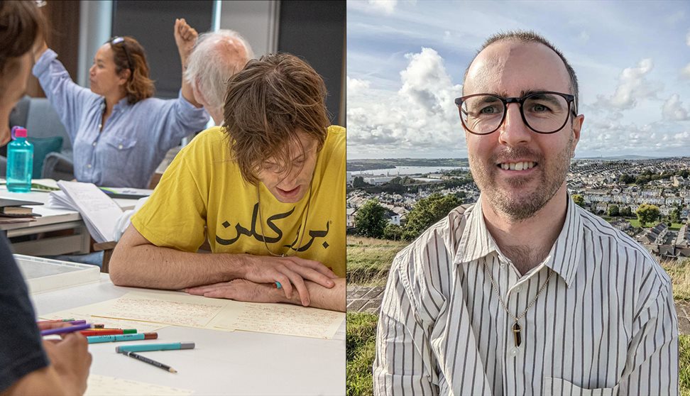 Two images, one showing people in a writing workshop and a man standing with a view of Plymouth behind him