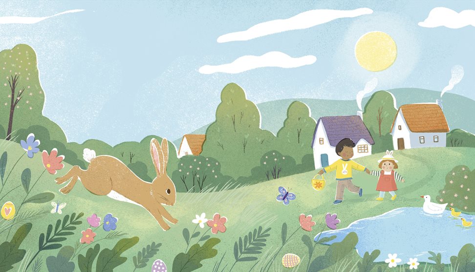 Illustration showing a rabbit running through a field and children walking near a pond
