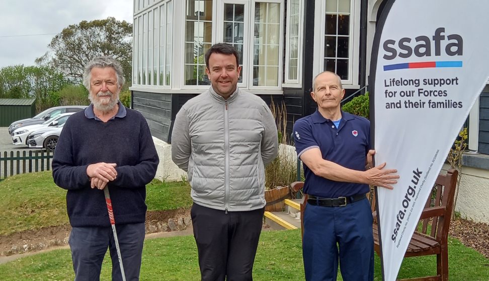 From left to right, SSAFA volunteer Admiral Ric Cheadle, golf professional at Yelverton Golf Club Adam Frayne and SSAFA caseworker, Colin Stockman