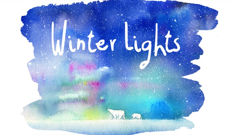 Winter Lights title with Northern Lights in background with Polar Bears walking