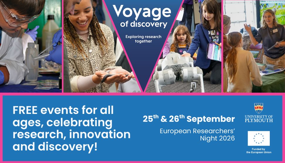 A promotional image for Voyage of Discovery featuring children interacting with University of Plymouth Research staff at an exhibition. The Voyage of