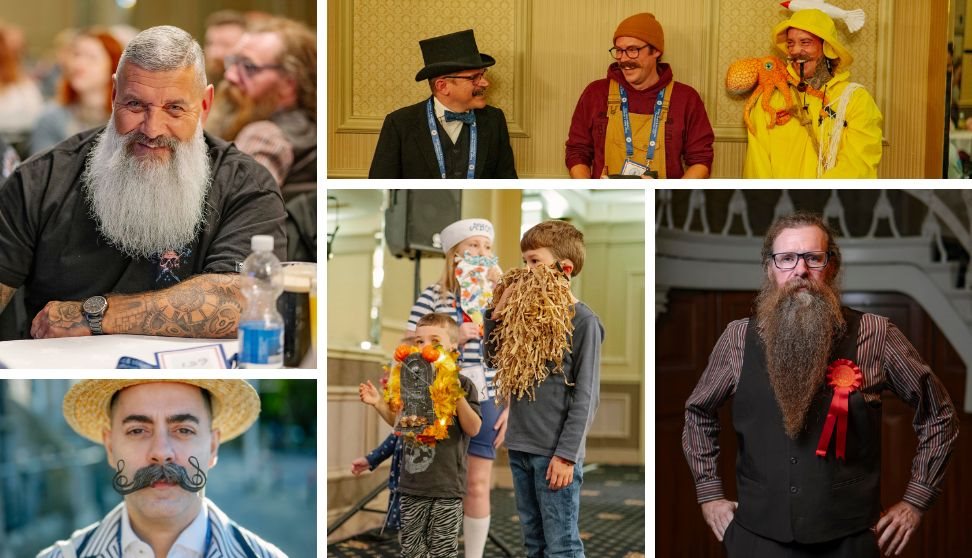 Photos of men with beards and moustaches at a competition