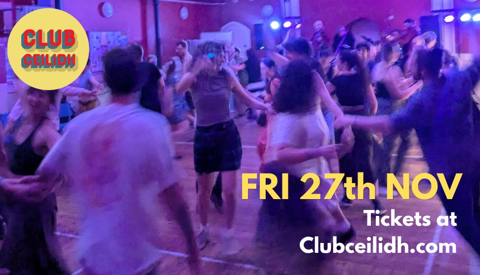 People dancing at club ceilidh in plymouth to a live band with high energy and colourful lights
