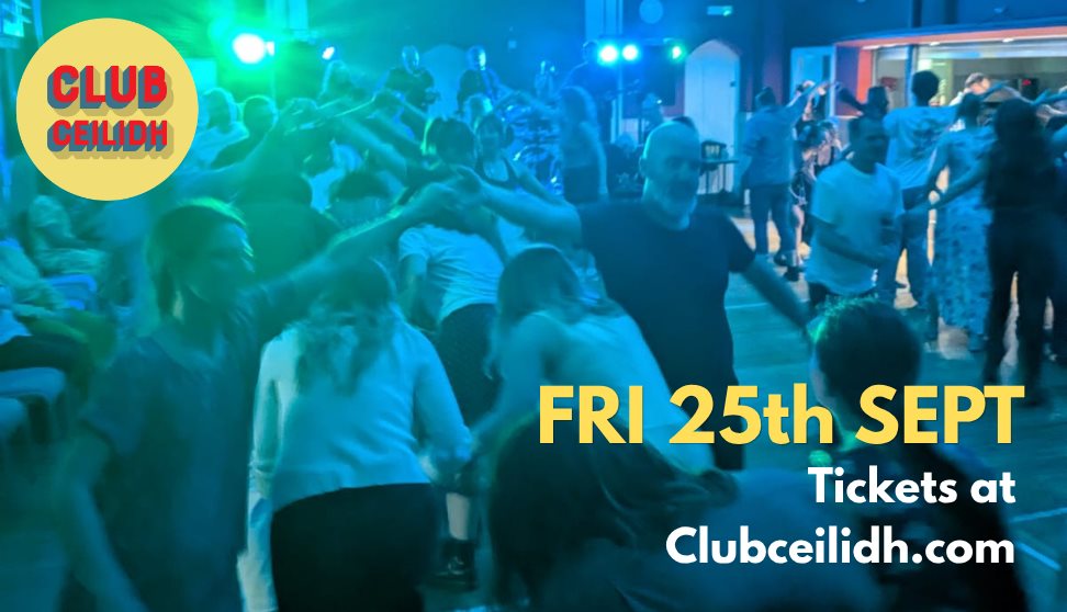 People dancing at Club Ceilidh Plymouth people smiling and bright lights are shining