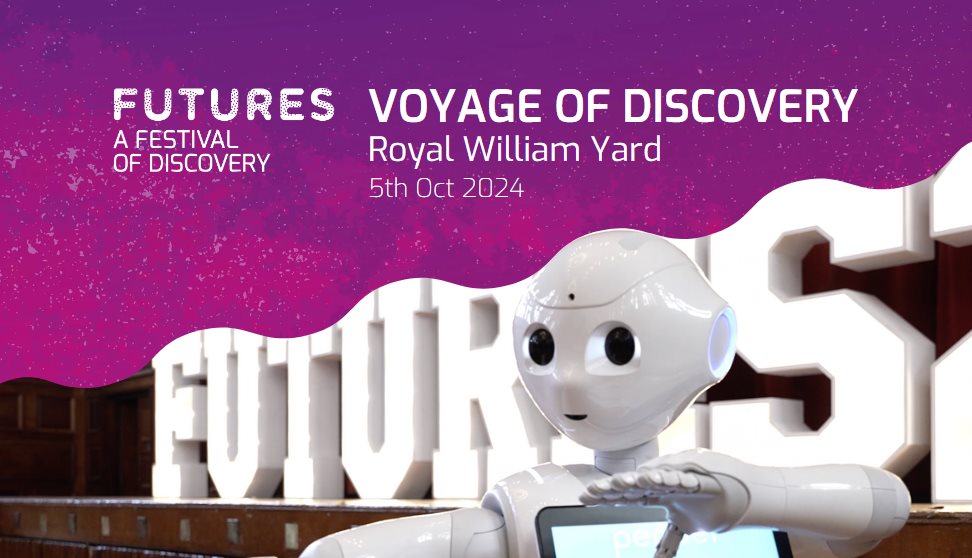 Voyage of Discovery Banner with a Robot in front of a light up letter sign saying FUTURES