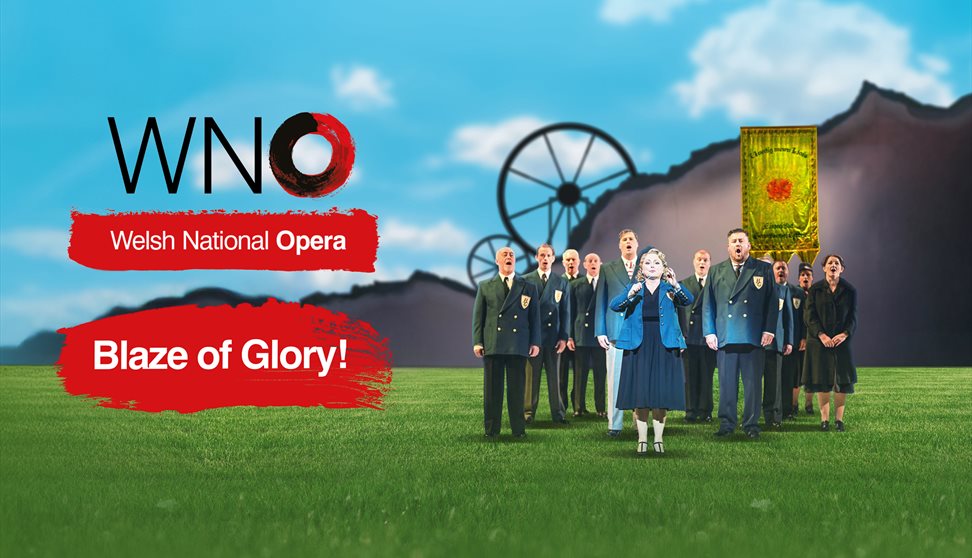 Opera group dressed smartly. The backdrop is green grass and mining country.