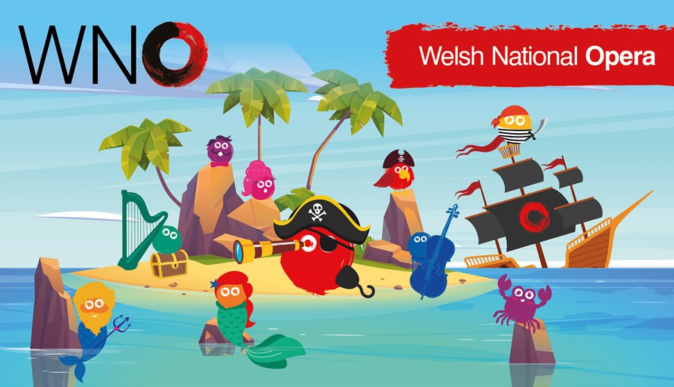 Colourful illustrated characters on island.